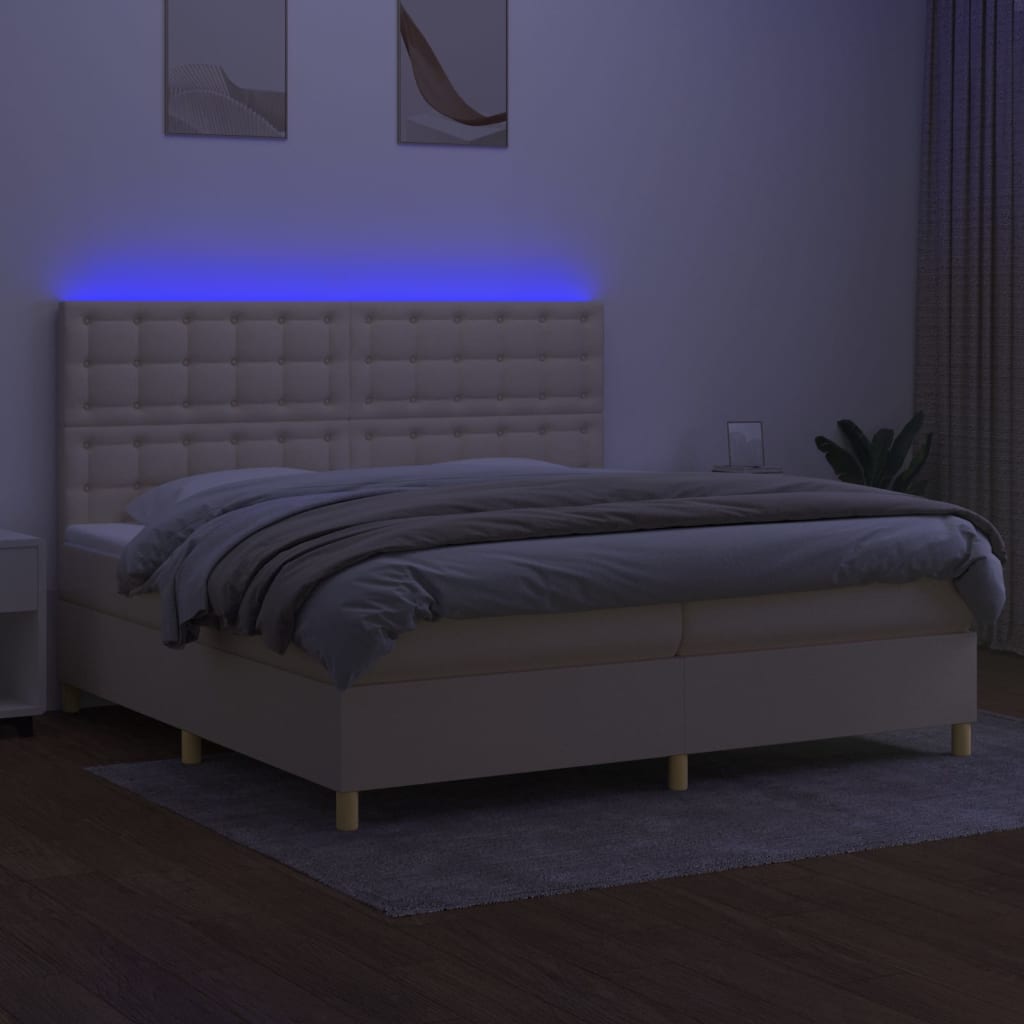 kontinentalseng med LED-lys 200x200 cm stof cremefarvet