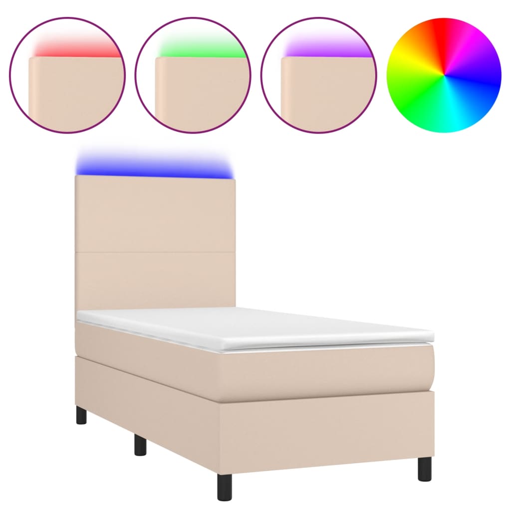 kontinentalseng LED-lys 90x190 cm kunstlæder cappuccinofarvet