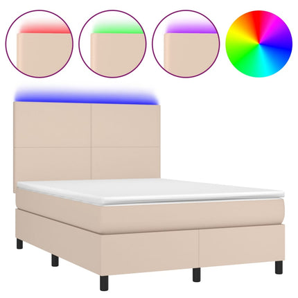 kontinentalseng LED-lys 140x200 cm kunstlæder cappuccinofarvet