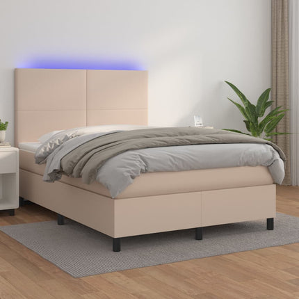 kontinentalseng LED-lys 140x200 cm kunstlæder cappuccinofarvet