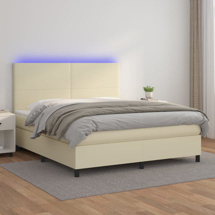 kontinentalseng med LED-lys 160x200 cm kunstlæder cremefarvet