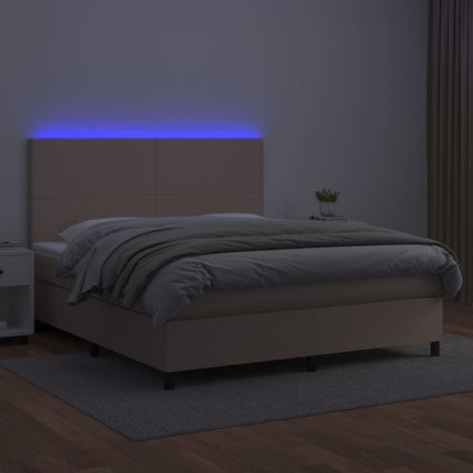 kontinentalseng LED-lys 160x200 cm kunstlæder cappuccinofarvet