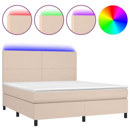 kontinentalseng LED-lys 180x200 cm kunstlæder cappuccinofarvet