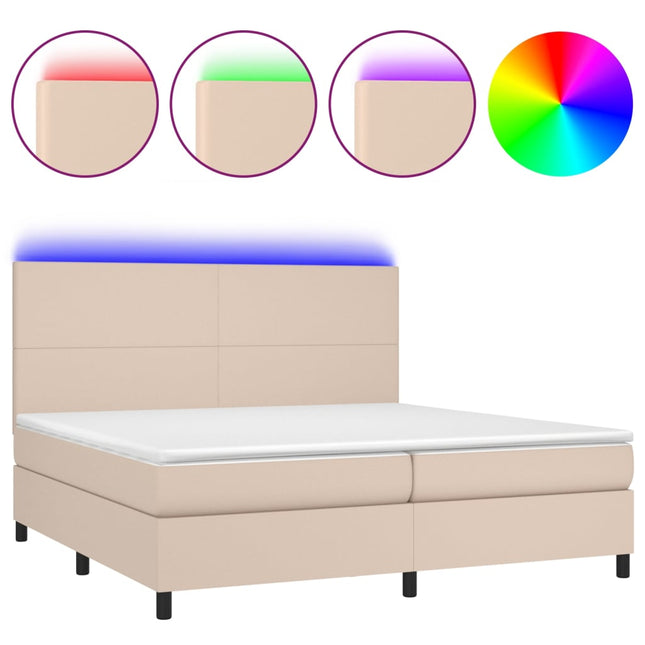 kontinentalseng LED-lys 200x200 cm kunstlæder cappuccinofarvet