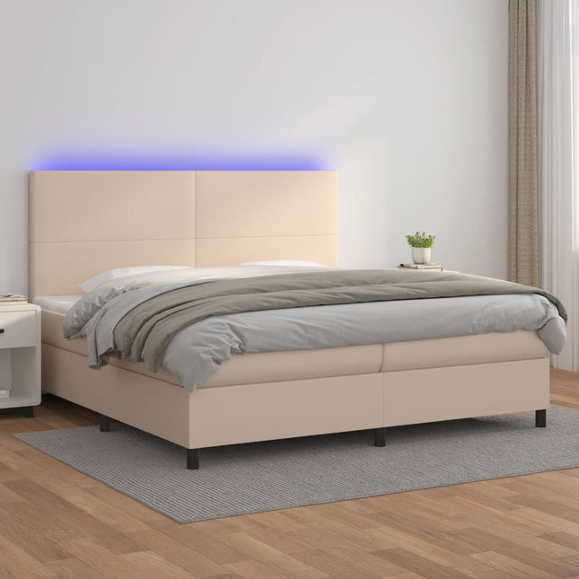 kontinentalseng LED-lys 200x200 cm kunstlæder cappuccinofarvet