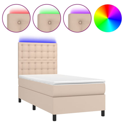 kontinentalseng LED-lys 90x200 cm kunstlæder cappuccinofarvet