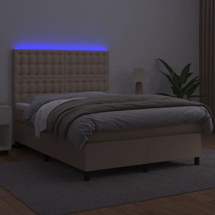 kontinentalseng LED-lys 140x190 cm kunstlæder cappuccinofarvet