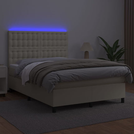 kontinentalseng med LED-lys 140x200 cm kunstlæder cremefarvet