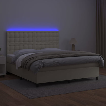 kontinentalseng med LED-lys 160x200 cm kunstlæder cremefarvet