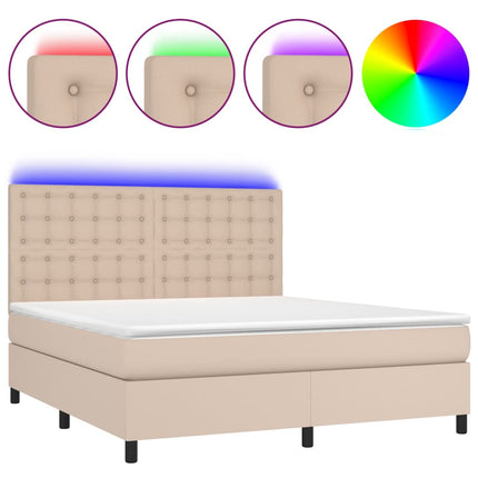 kontinentalseng LED-lys 180x200 cm kunstlæder cappuccinofarvet