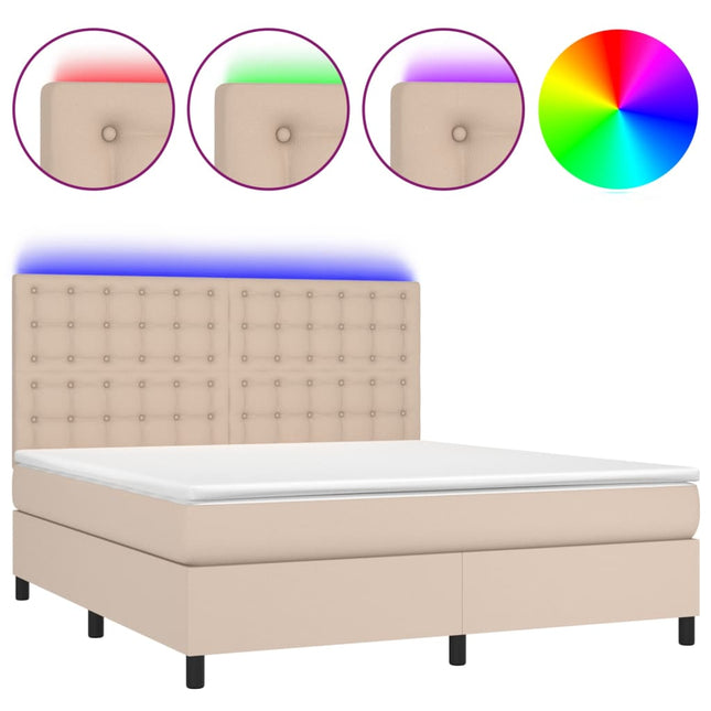kontinentalseng LED-lys 180x200 cm kunstlæder cappuccinofarvet