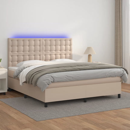 kontinentalseng LED-lys 180x200 cm kunstlæder cappuccinofarvet