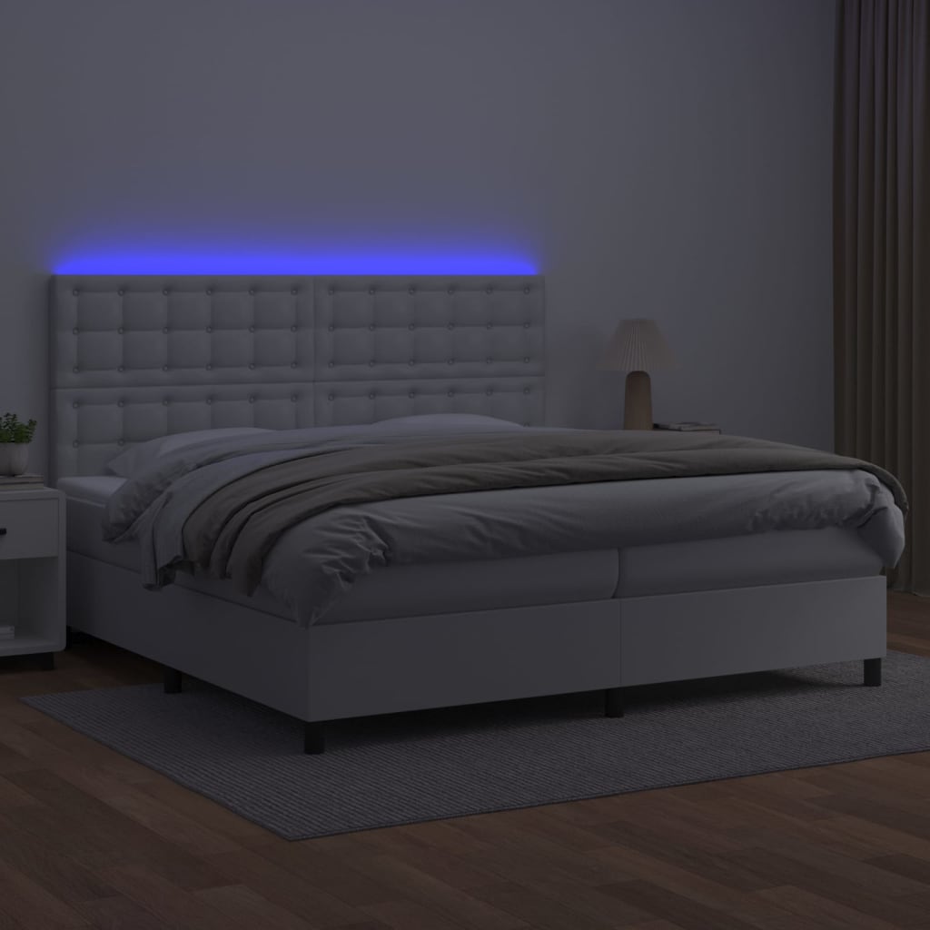 kontinentalseng med LED-lys 200x200 cm kunstlæder hvid