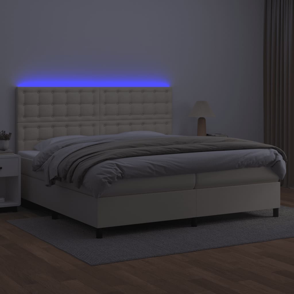 kontinentalseng med LED-lys 200x200 cm kunstlæder cremefarvet