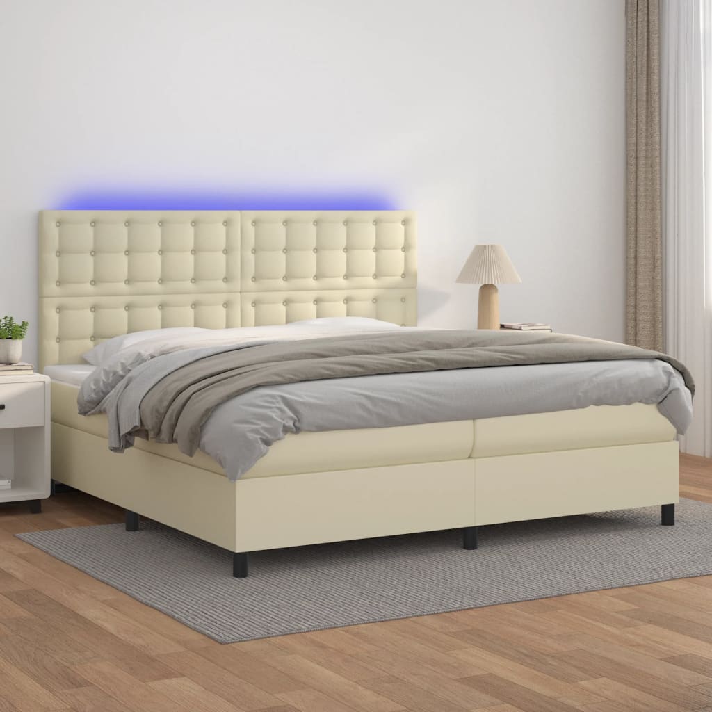 kontinentalseng med LED-lys 200x200 cm kunstlæder cremefarvet