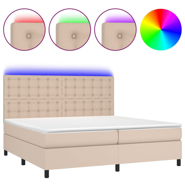 kontinentalseng LED-lys 200x200 cm kunstlæder cappuccinofarvet