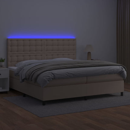 kontinentalseng LED-lys 200x200 cm kunstlæder cappuccinofarvet