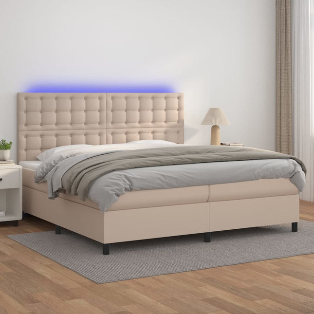 kontinentalseng LED-lys 200x200 cm kunstlæder cappuccinofarvet