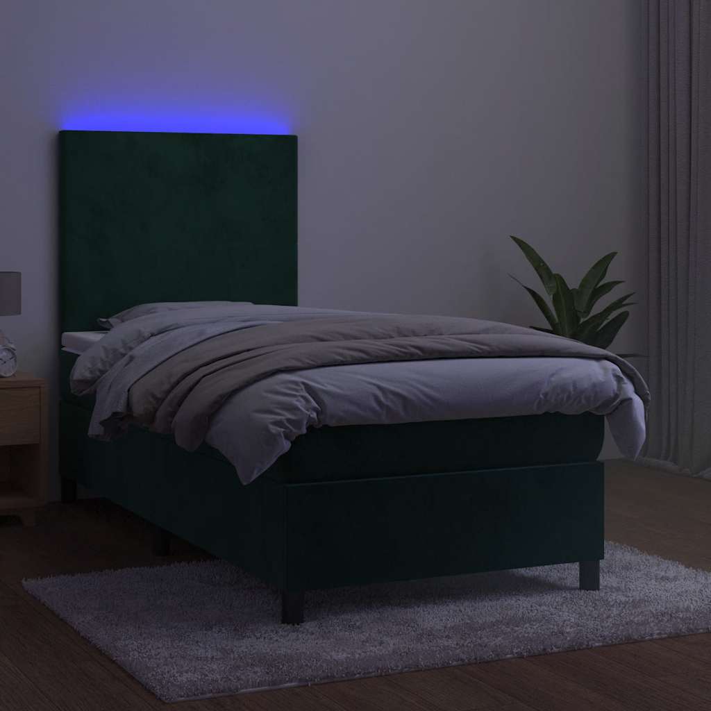 kontinentalseng med LED-lys 100x200 cm fløjl mørkegrøn