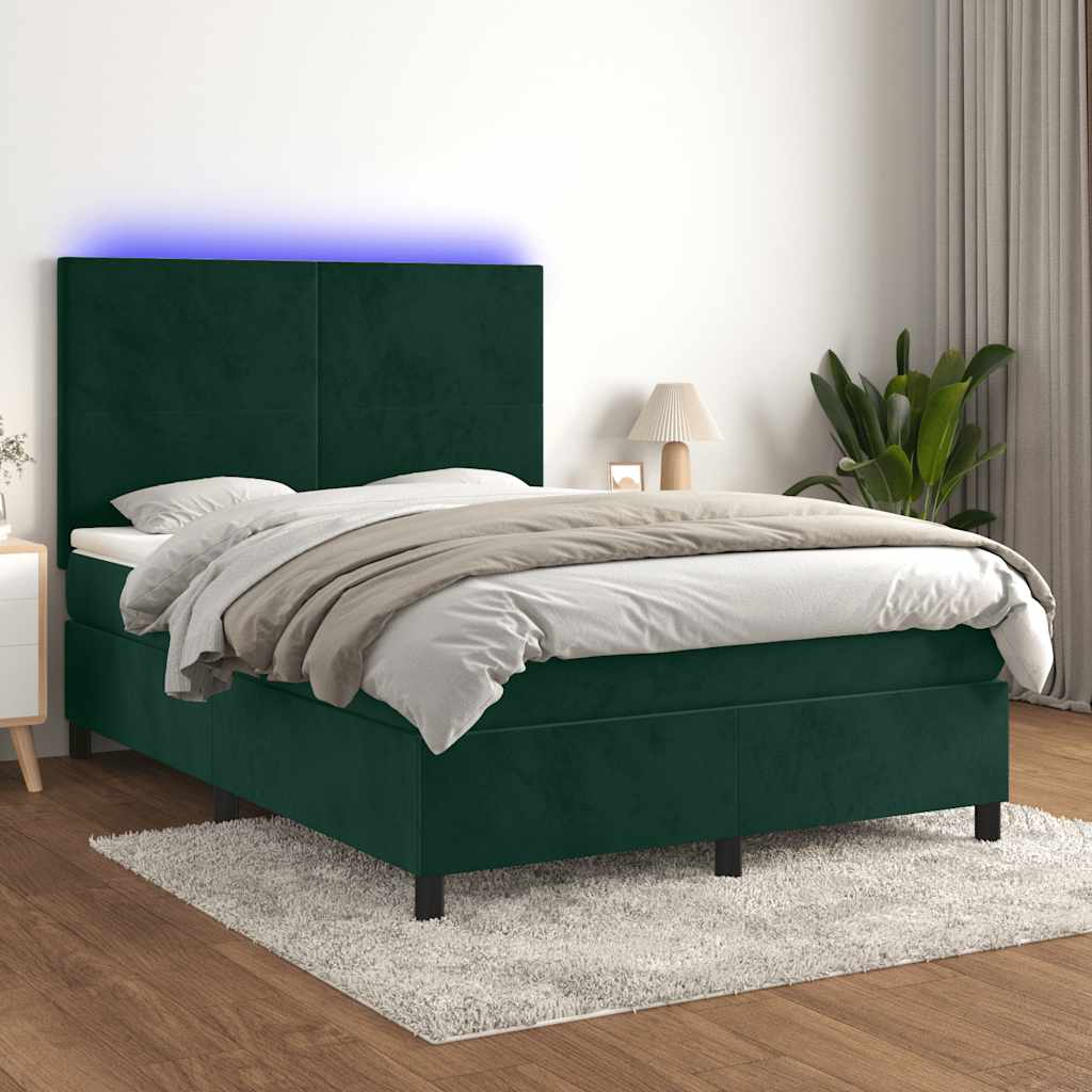 kontinentalseng med LED-lys 140x190 cm fløjl mørkegrøn