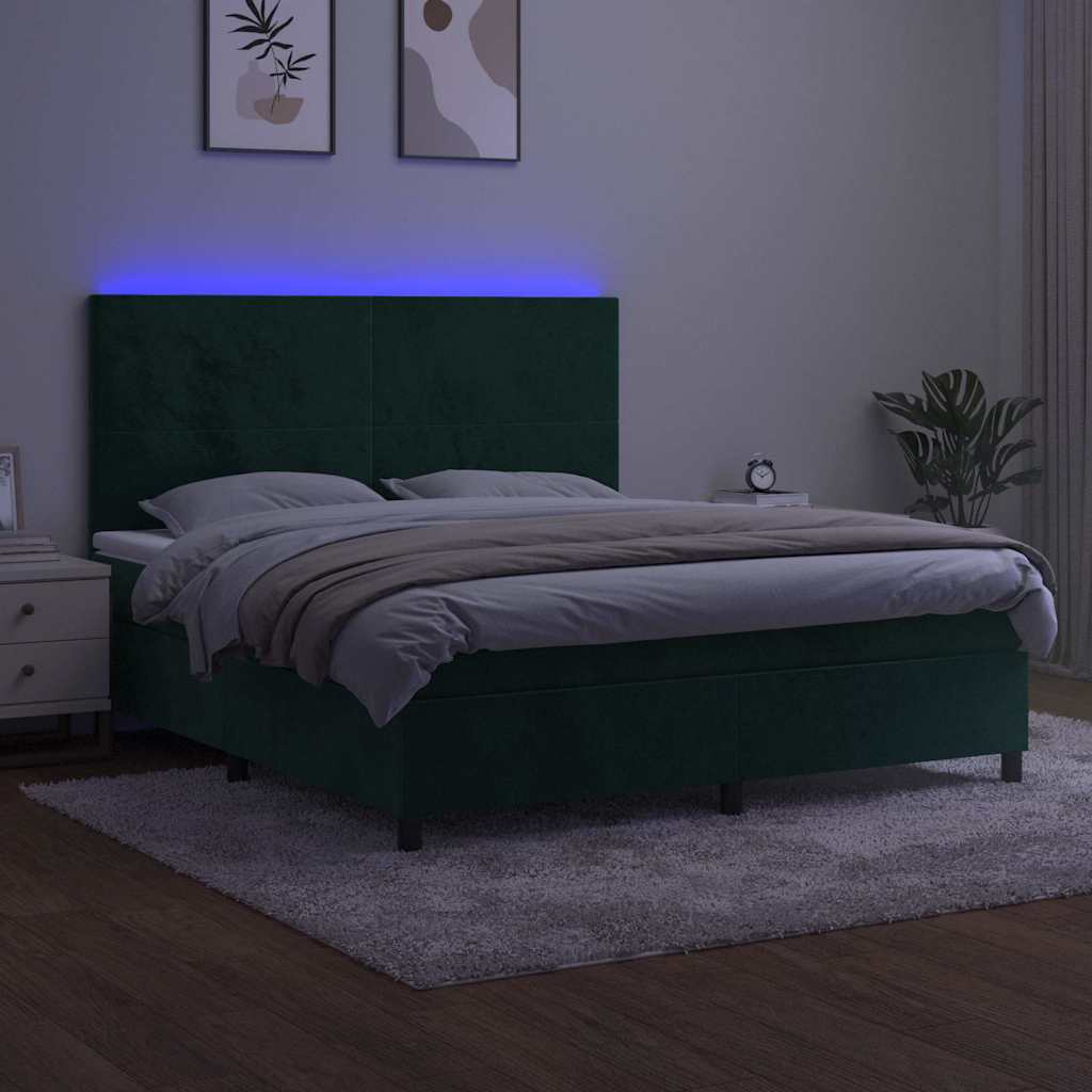 kontinentalseng med LED-lys 160x200 cm fløjl mørkegrøn