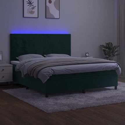 kontinentalseng med LED-lys 160x200 cm fløjl mørkegrøn