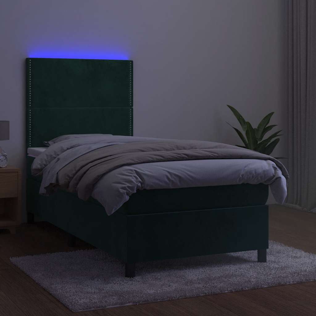 kontinentalseng med LED-lys 90x200 cm fløjl mørkegrøn