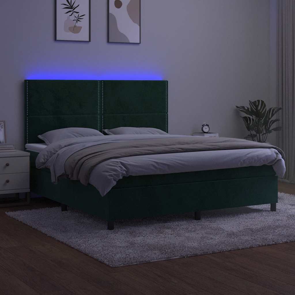 kontinentalseng med LED-lys 180x200 cm fløjl mørkegrøn
