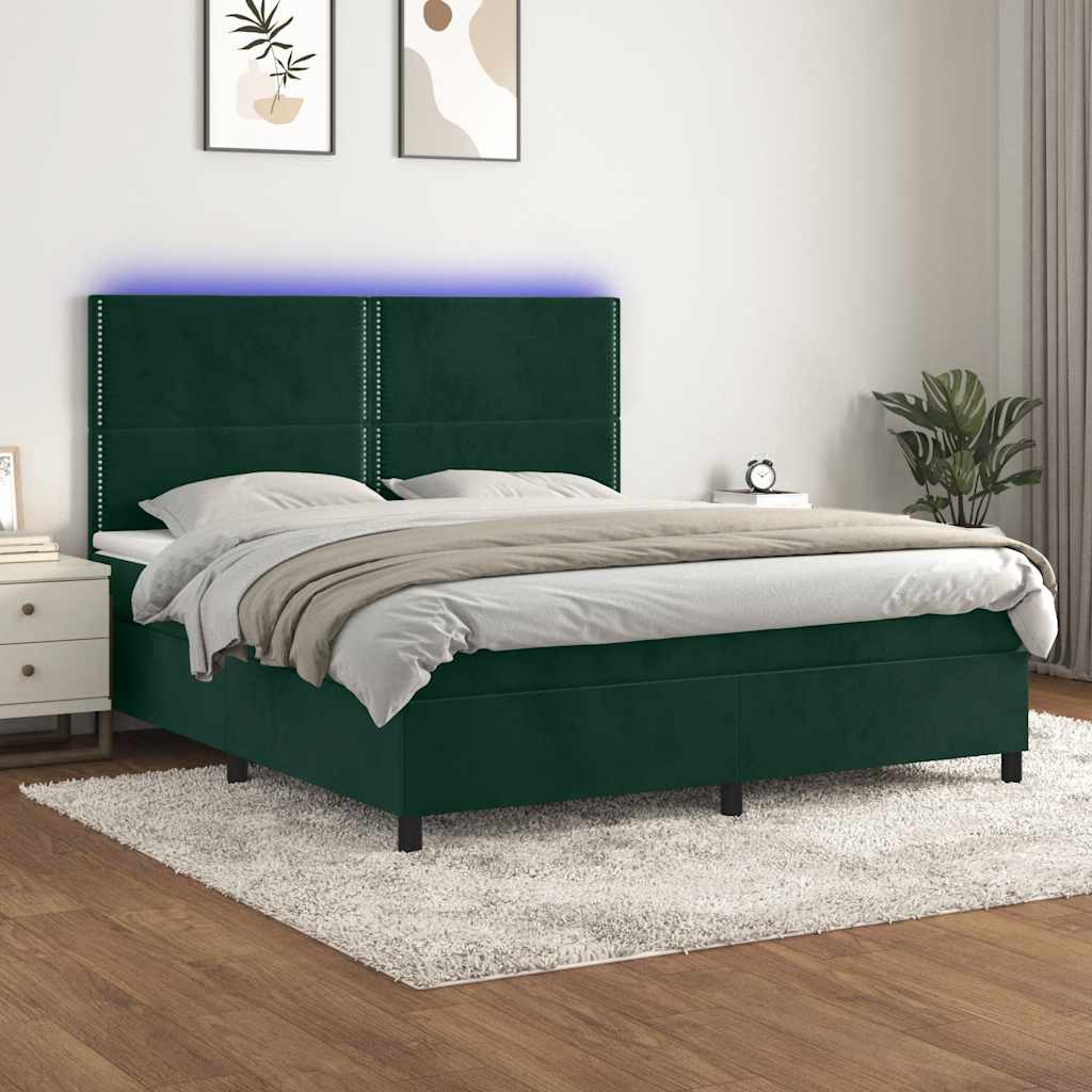 kontinentalseng med LED-lys 180x200 cm fløjl mørkegrøn