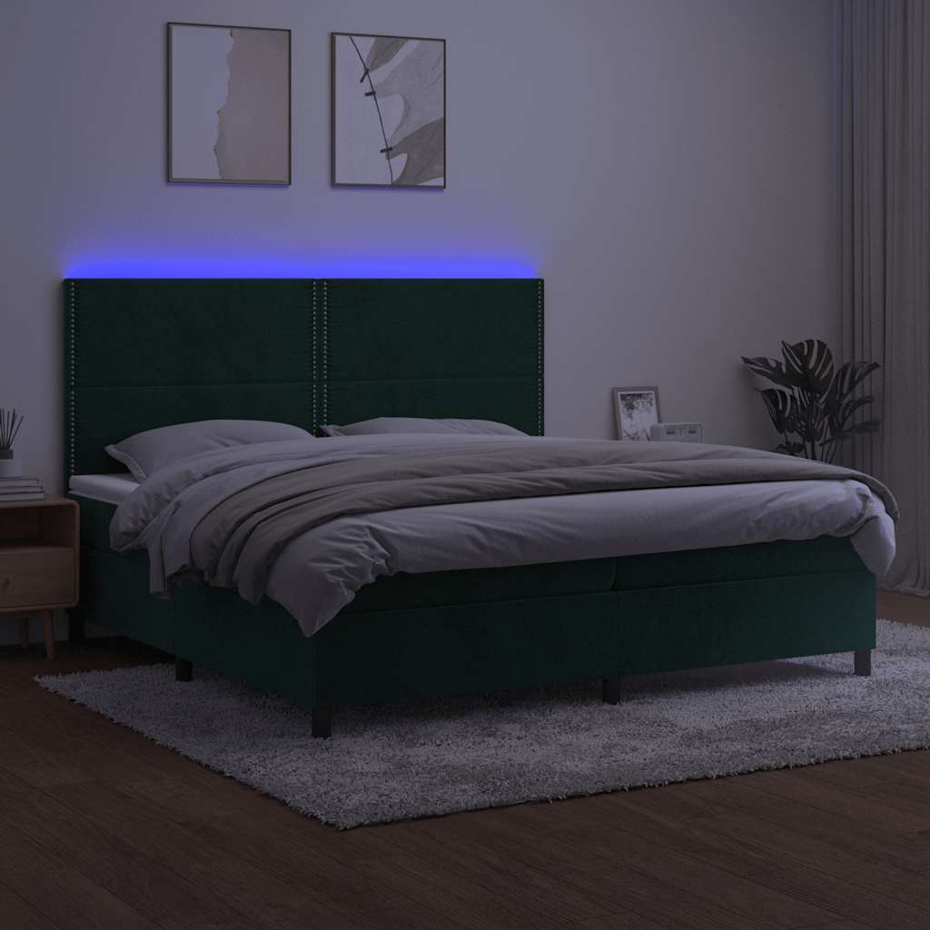 kontinentalseng med LED-lys 200x200 cm fløjl mørkegrøn