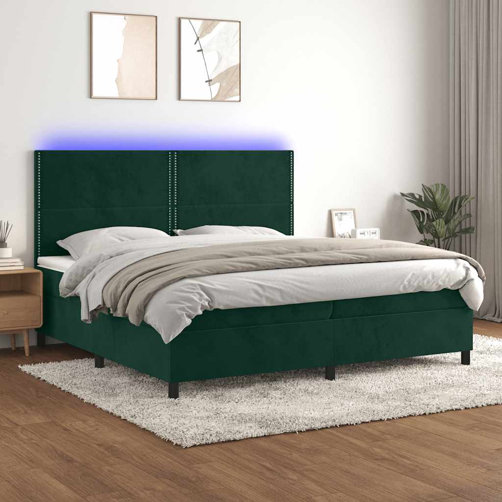 kontinentalseng med LED-lys 200x200 cm fløjl mørkegrøn