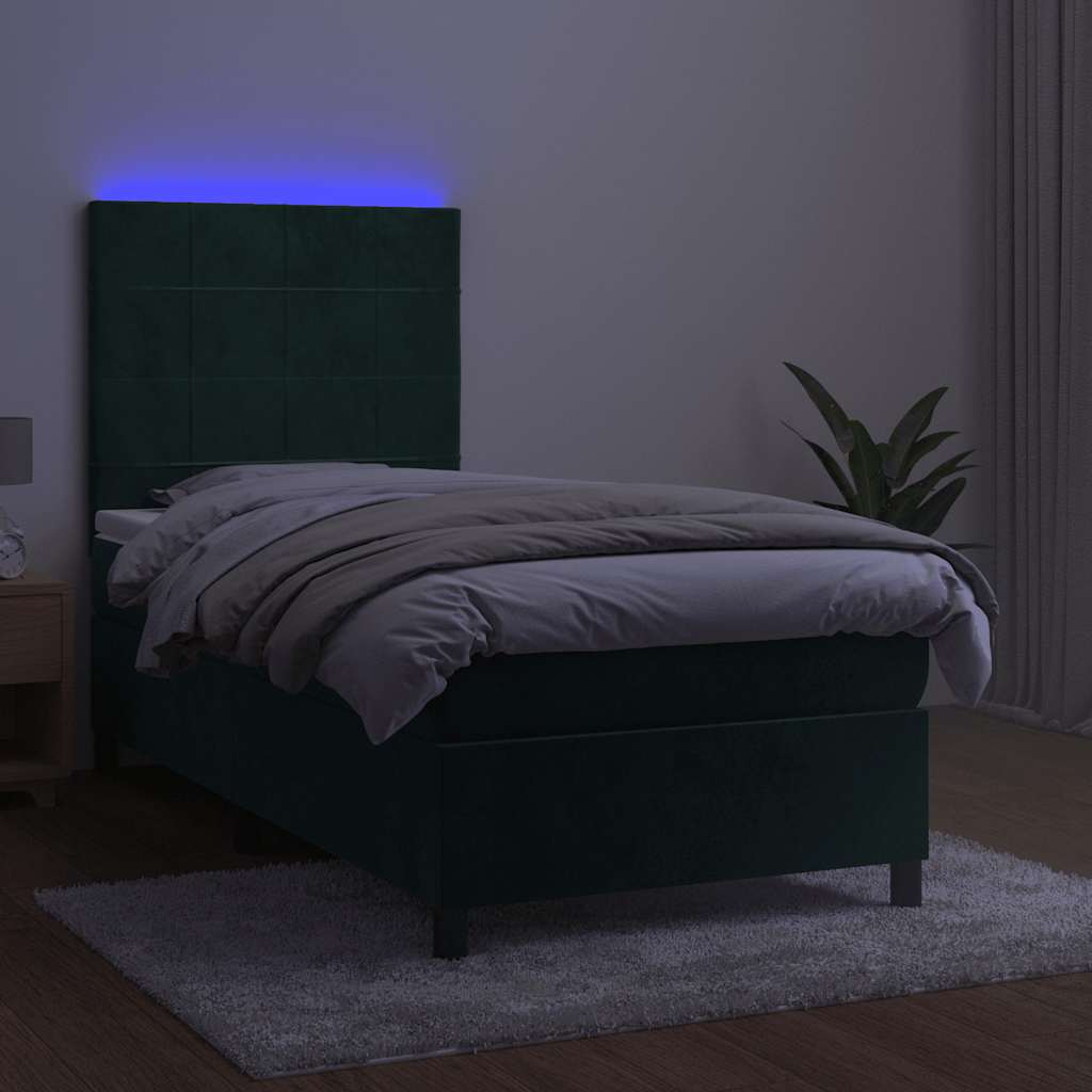 kontinentalseng med LED-lys 90x200 cm fløjl mørkegrøn