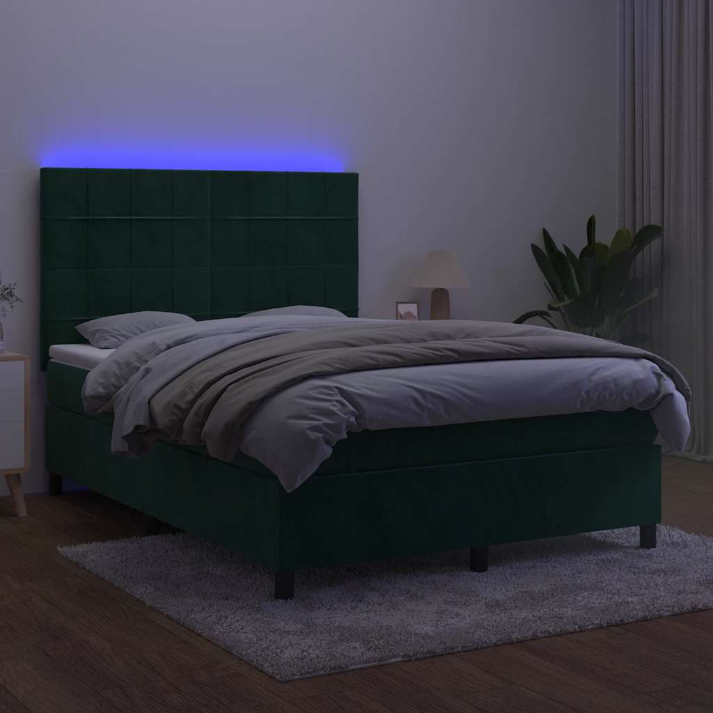 kontinentalseng med LED-lys 140x200 cm fløjl mørkegrøn