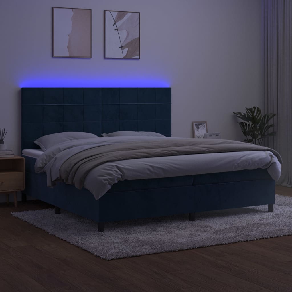 kontinentalseng med LED-lys 200x200 cm fløjl mørkeblå