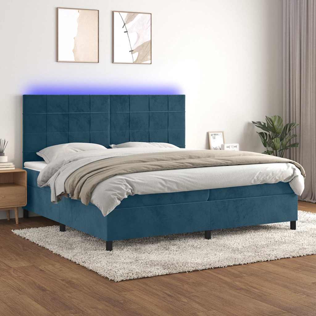 kontinentalseng med LED-lys 200x200 cm fløjl mørkeblå