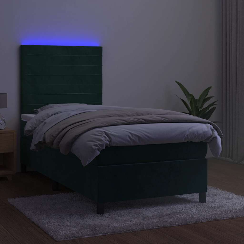 kontinentalseng med LED-lys 90x200 cm fløjl mørkegrøn