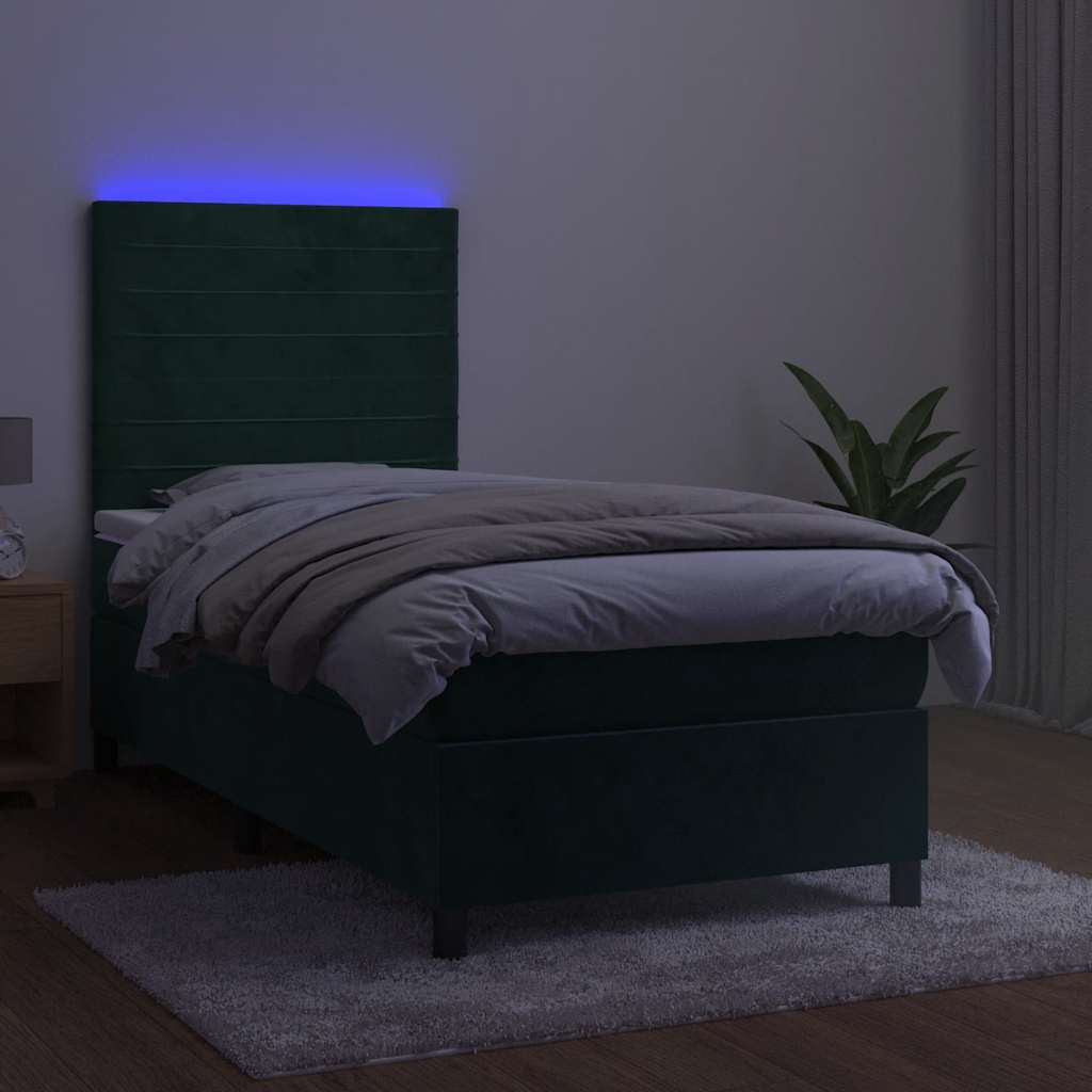 kontinentalseng med LED-lys 100x200 cm fløjl mørkegrøn