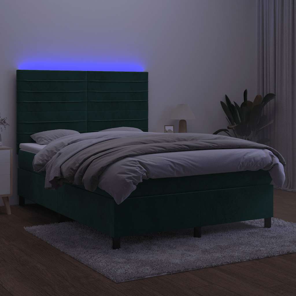 kontinentalseng med LED-lys 140x190 cm fløjl mørkegrøn
