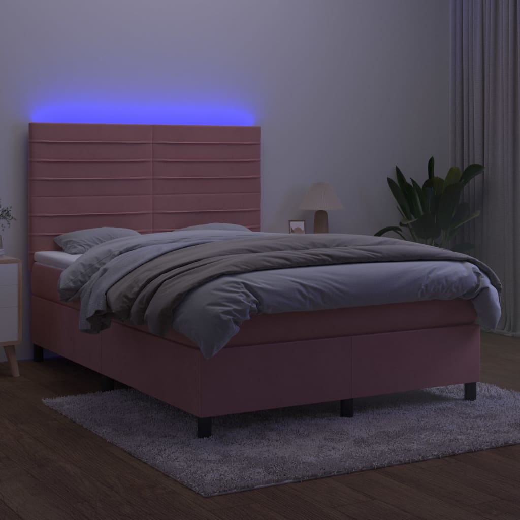 kontinentalseng med LED-lys 140x200 cm fløjl lyserød
