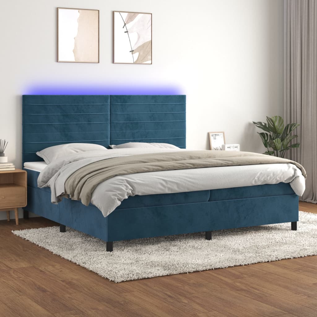 kontinentalseng med LED-lys 200x200 cm fløjl mørkeblå
