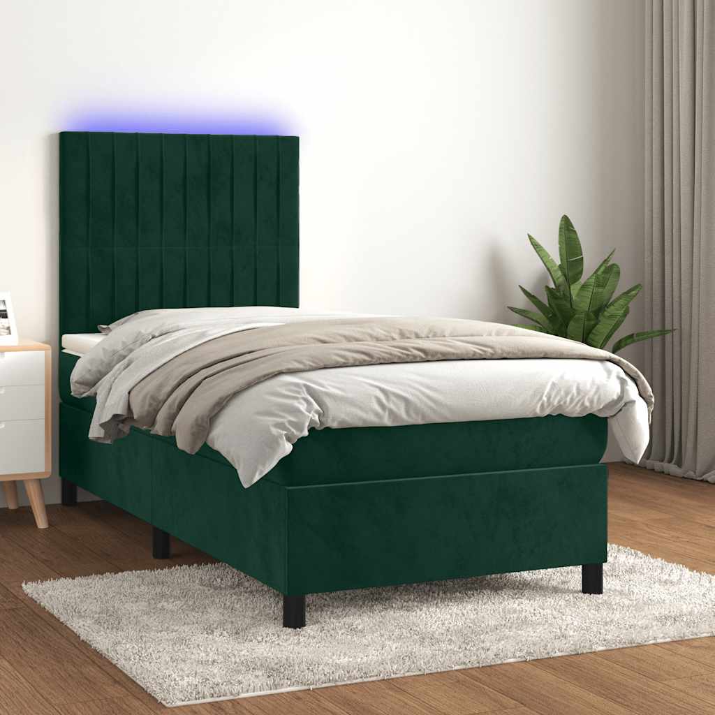 kontinentalseng med LED-lys 90x200 cm fløjl mørkegrøn