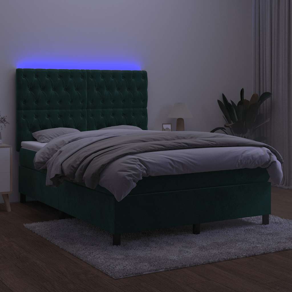 kontinentalseng med LED-lys 140x190 cm fløjl mørkegrøn
