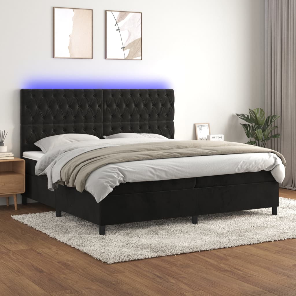 kontinentalseng med LED-lys 200x200 cm fløjl sort