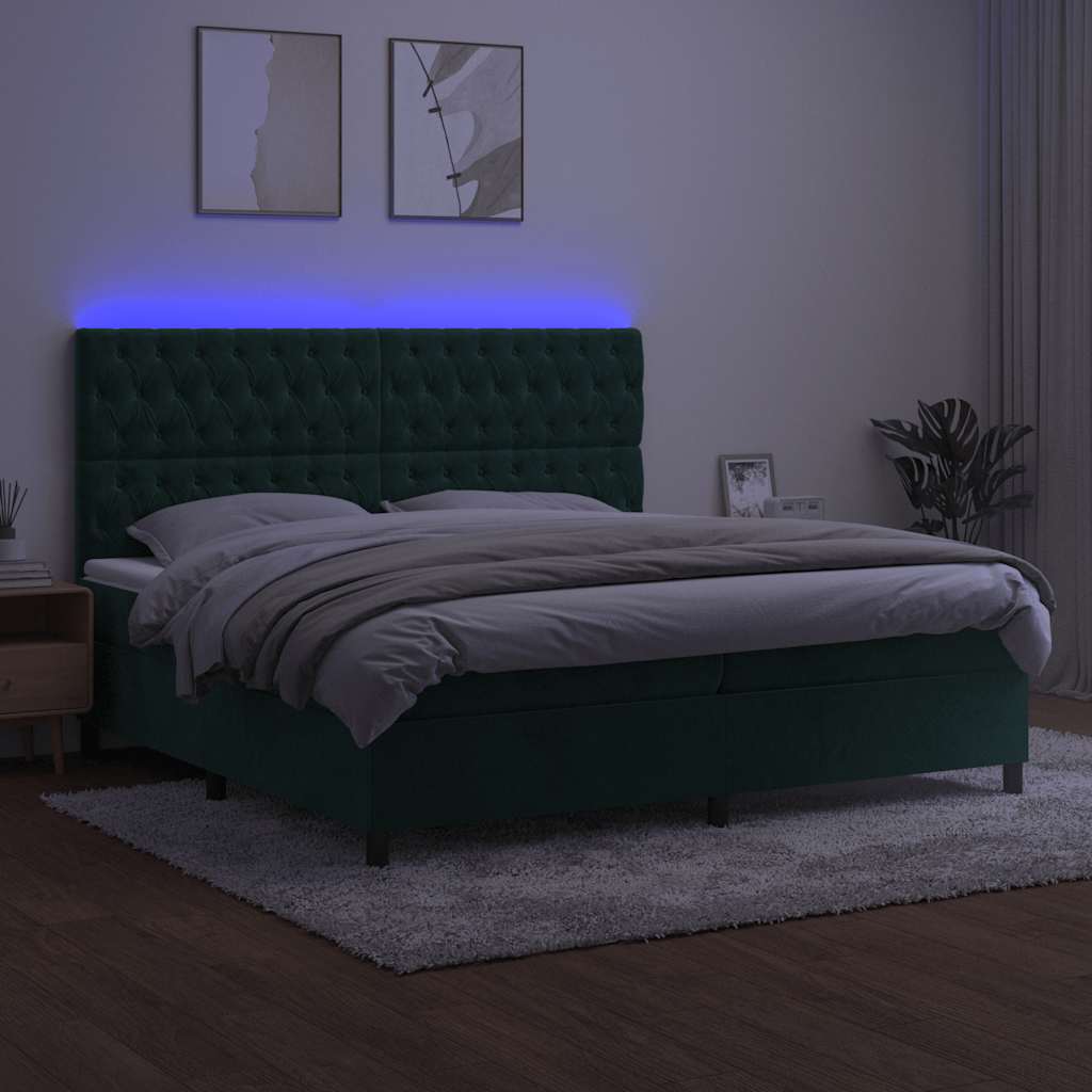 kontinentalseng med LED-lys 200x200 cm fløjl mørkegrøn