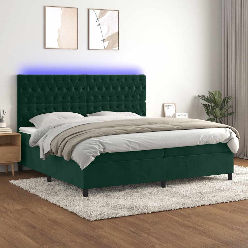 kontinentalseng med LED-lys 200x200 cm fløjl mørkegrøn