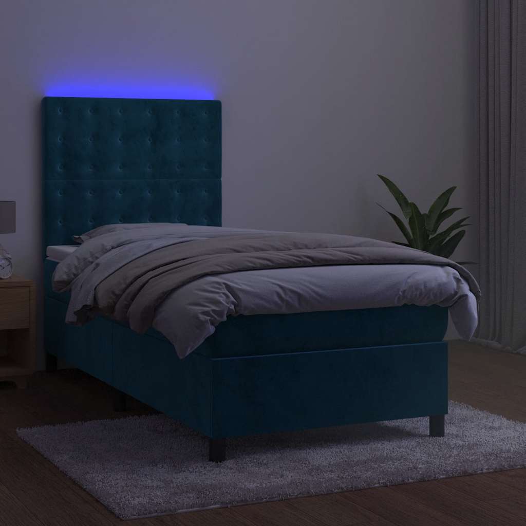 kontinentalseng med LED-lys 90x190 cm fløjl mørkeblå