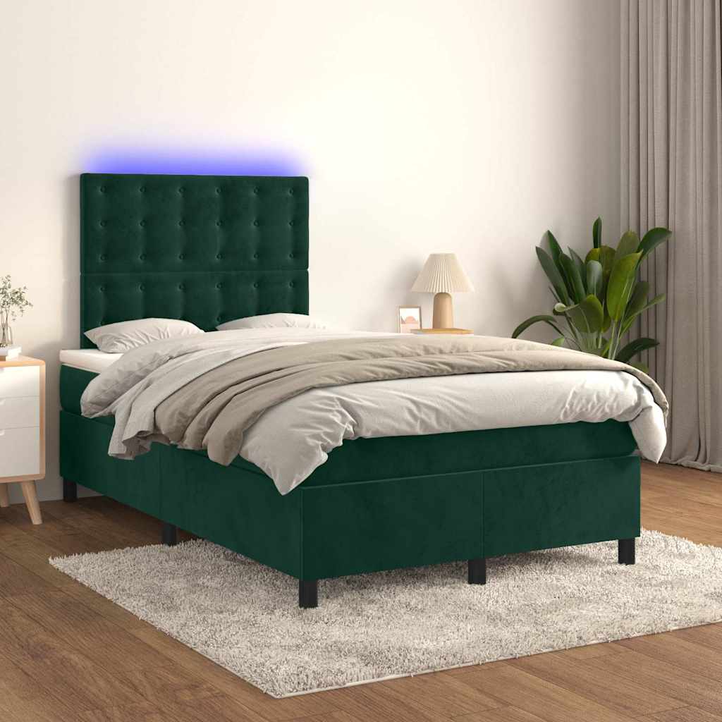 kontinentalseng med LED-lys 120x200 cm fløjl mørkegrøn