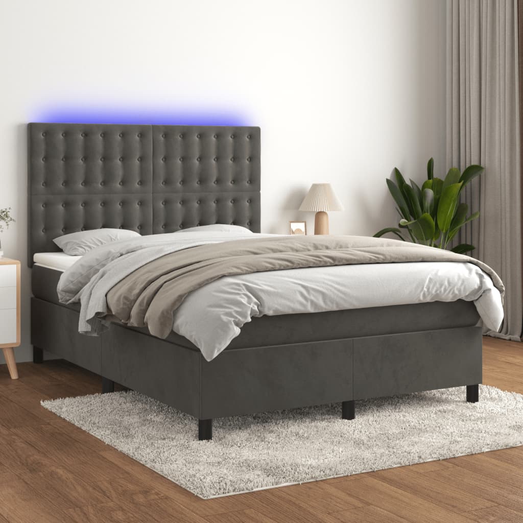 kontinentalseng med LED-lys 140x190 cm fløjl mørkegrå