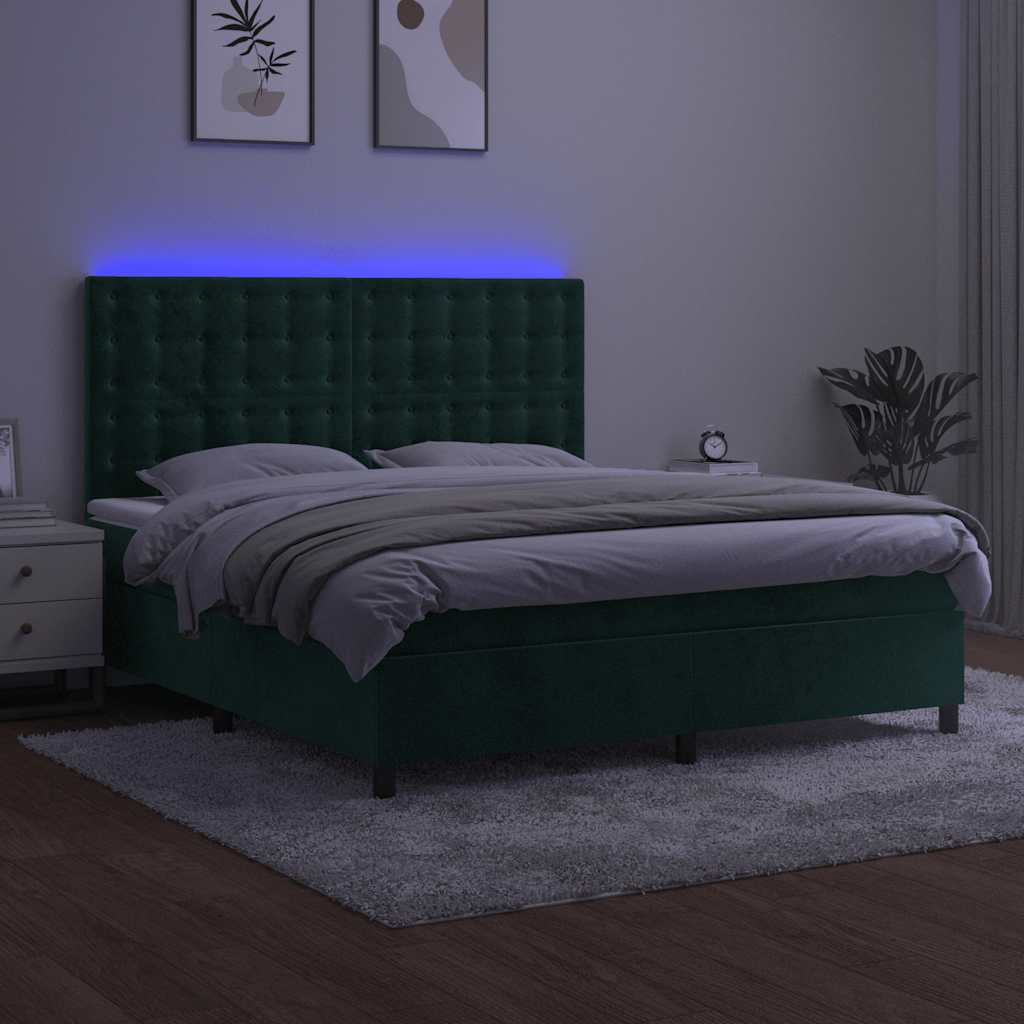 kontinentalseng med LED-lys 180x200 cm fløjl mørkegrøn