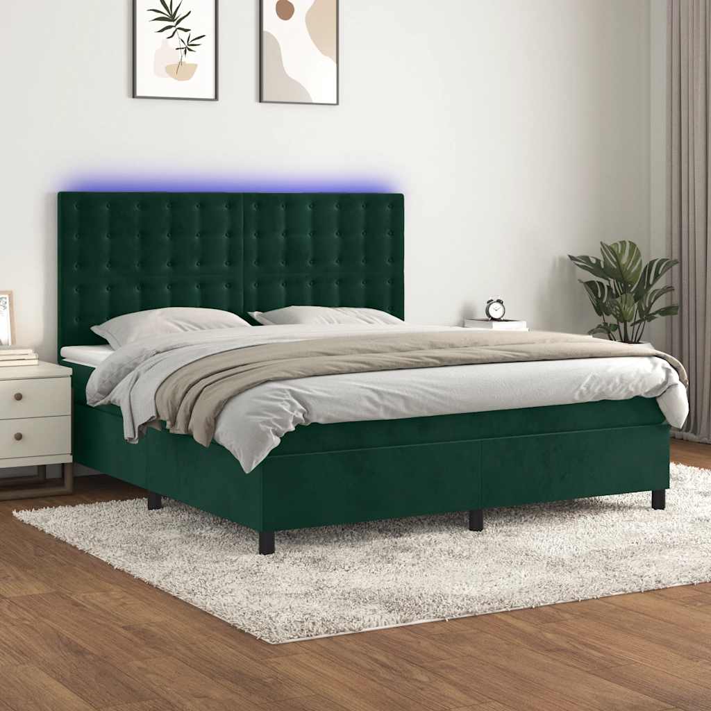 kontinentalseng med LED-lys 180x200 cm fløjl mørkegrøn